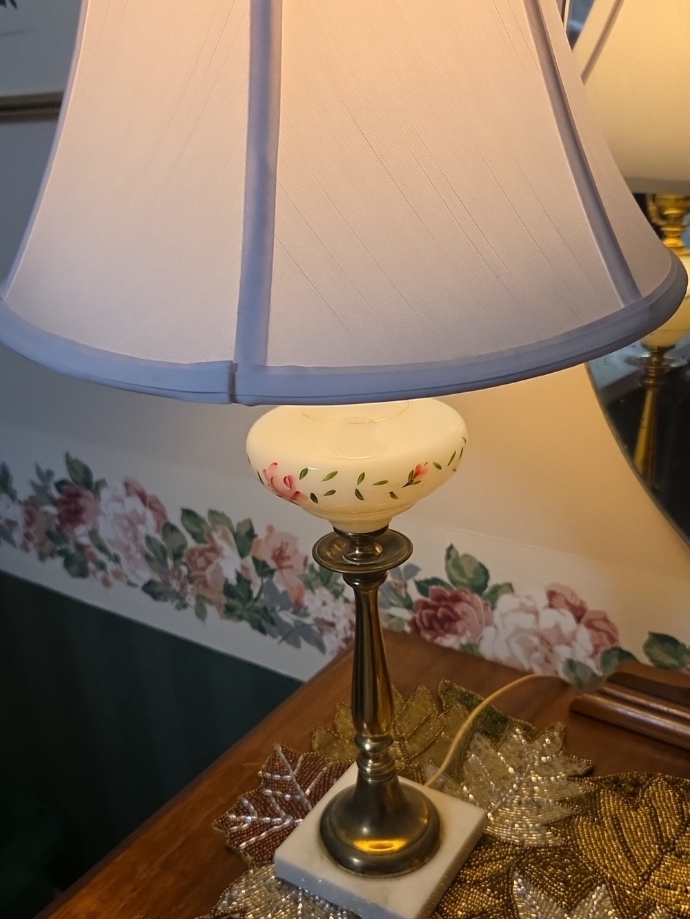 Vintage Brass Table Lamp with Hand-Painted Floral Glass Accent & Marble Base